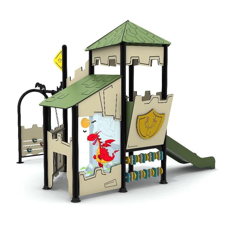 Kids Outdoor Slide Set - Wooden Outdoor Playground Set Steel Playhouse
