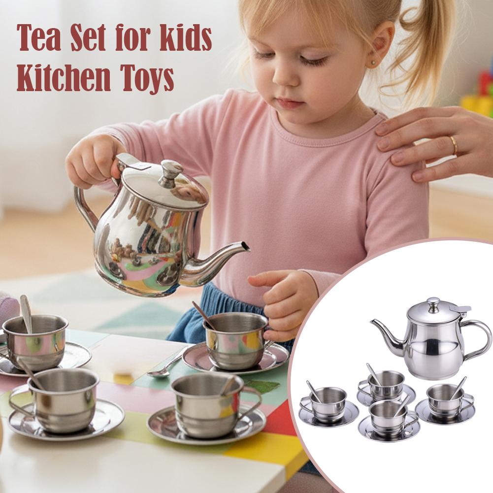 Kids Outdoor Kitchen Accessories - Kids Stainless Steel Tea Set Pretend